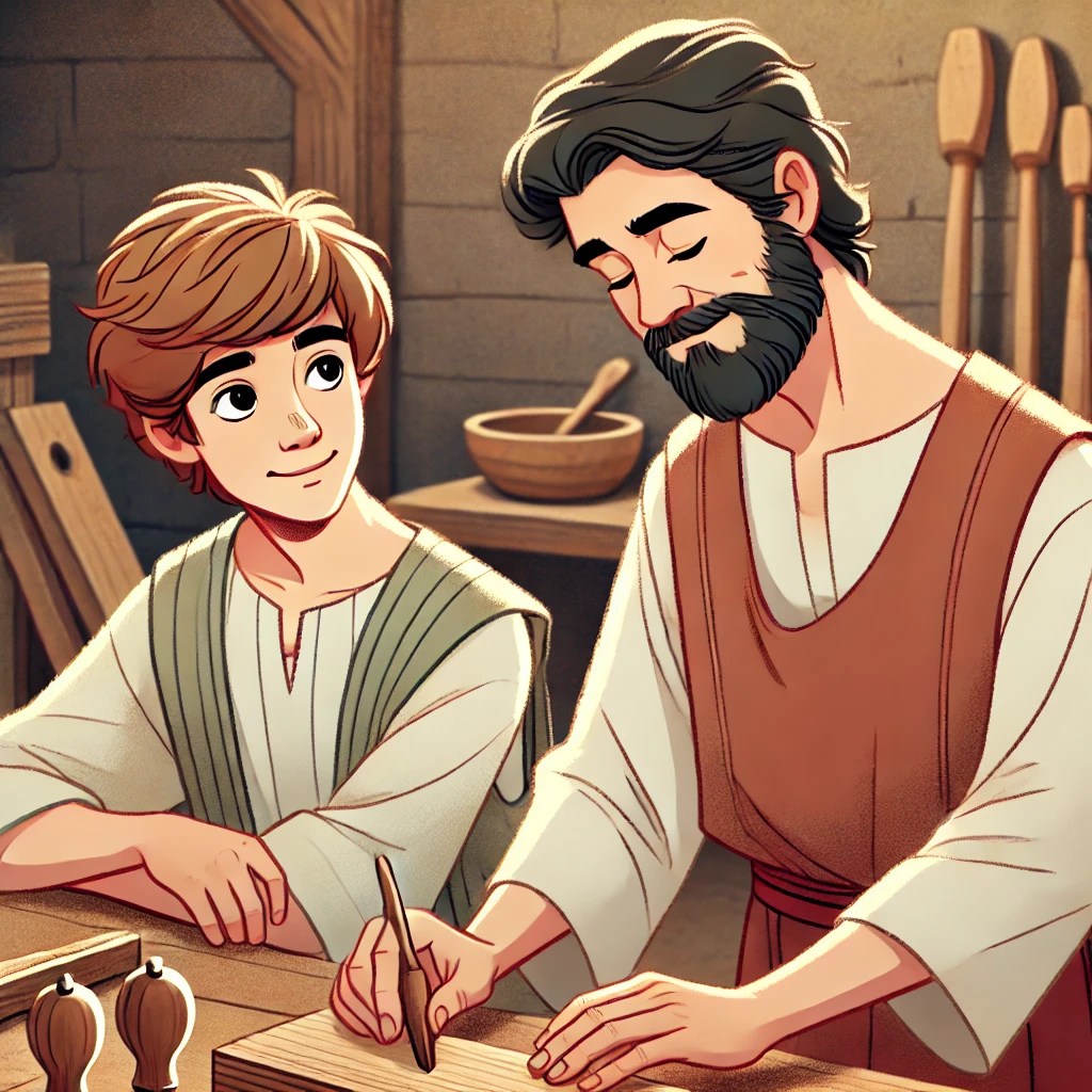 Gesù adolescente e il padre Giuseppe al lavoro. L'immagine è un disegno stile cartoon.